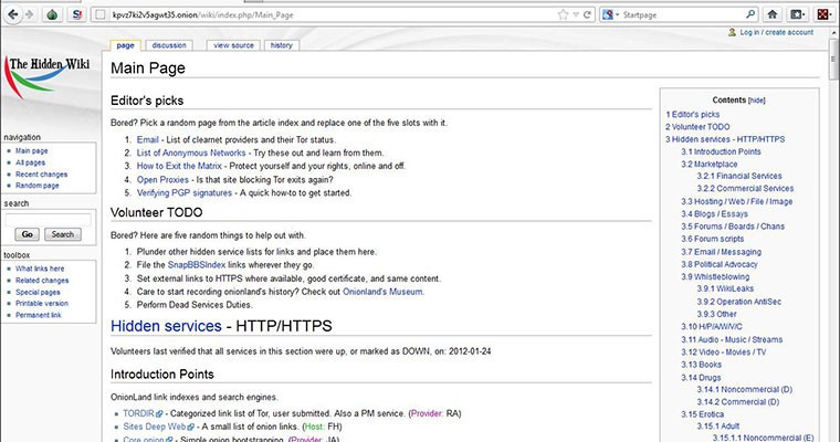 Η σελίδα Hidden Wiki με διάφορες κατηγορίες ενδιαφερόντων